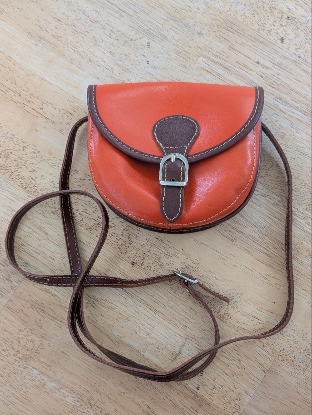 Genuine Leather Vera Pelle Crossbody Saddle Bag - Orange Brown Made In Italy